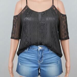 Love J Black lace eyelet top women plus 2X XXL cold shoulder goth grunge chic